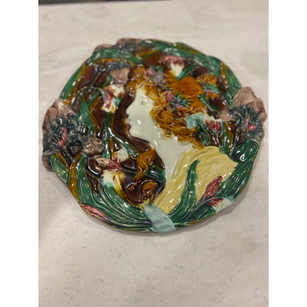 Art Nouveau Majolica Wall Plaque Woman Portrait Floral Relief Ceramic Plate 12"